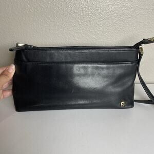 Vtg Etienne Aigner Black Leather Purse Crossbody Adjustable Strap Gold Accent